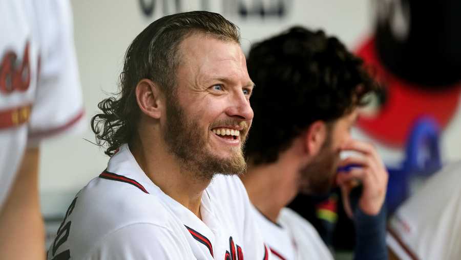 Josh Donaldson looks on during the game against the Washington Nationals on July 18, 2019 in Atlanta, Georgia.