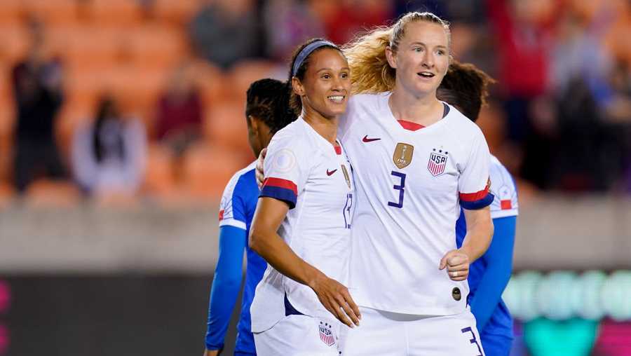 HOUSTON, TX - JANUARY 28: Lynn Williams #13 of the United States celebrates with teammate Samantha Mewis #3 during a game between Haiti and USWNT at BBVA Stadium on January 28, 2020 in Houston, Texas. (Photo by Brad Smith/ISI Photos/Getty Images)