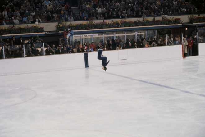 Terry Kubicka competing in the Men's Free skate event, at the Olympiahalle, 1976 Winter Olympics / XII Olympic Winter Games.