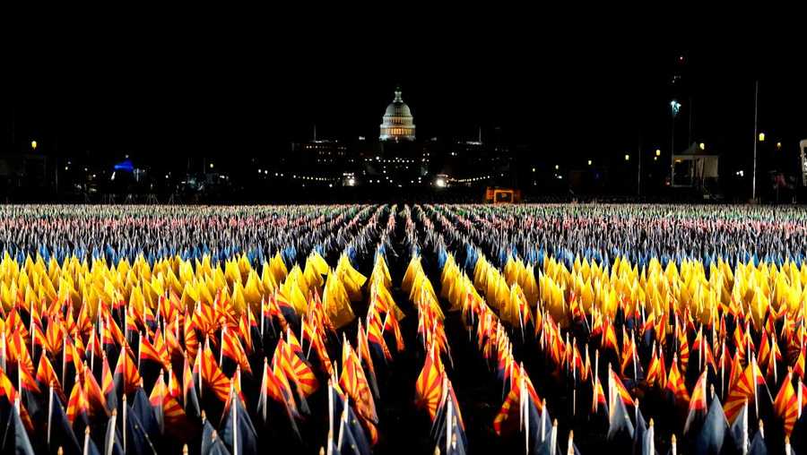 The "Field of Flags" is pictured on the National Mall as the U.S. Capitol Building is prepared for this week's inauguration ceremonies