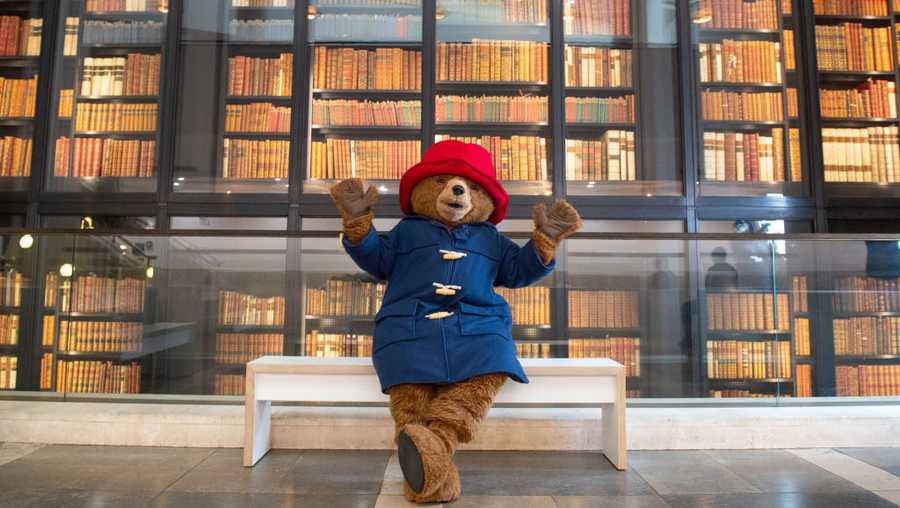 Paddington in the King&apos;s Library, at the British Library, London, ahead of the launch of the new &apos;Paddington: The Story of a Bear&apos; exhibition, which opens at the British Library on July 9th Picture date: Tuesday July 6, 2021. (Photo by Dominic Lipinski/PA Images via Getty Images)