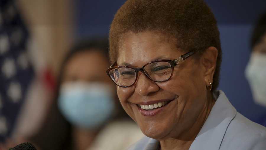 Los Angeles, CA - July 15: Congresswoman Karen Bass talks about the expanded Child Tax Credit at a press conference held at Barrio Action Youth and Family Center on Thursday, July 15, 2021 in Los Angeles, CA. (Irfan Khan / Los Angeles Times via Getty Images)