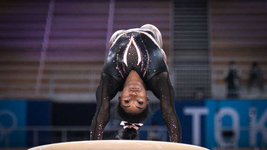 US gymnast Simone Biles practices on the vault during a training session at the Ariake Gymnastics Centre in Tokyo on July 22, 2021, on the eve of the start of the Tokyo 2020 Olympic Games. (Photo by Loic VENANCE / AFP) (Photo by LOIC VENANCE/AFP via Getty Images)