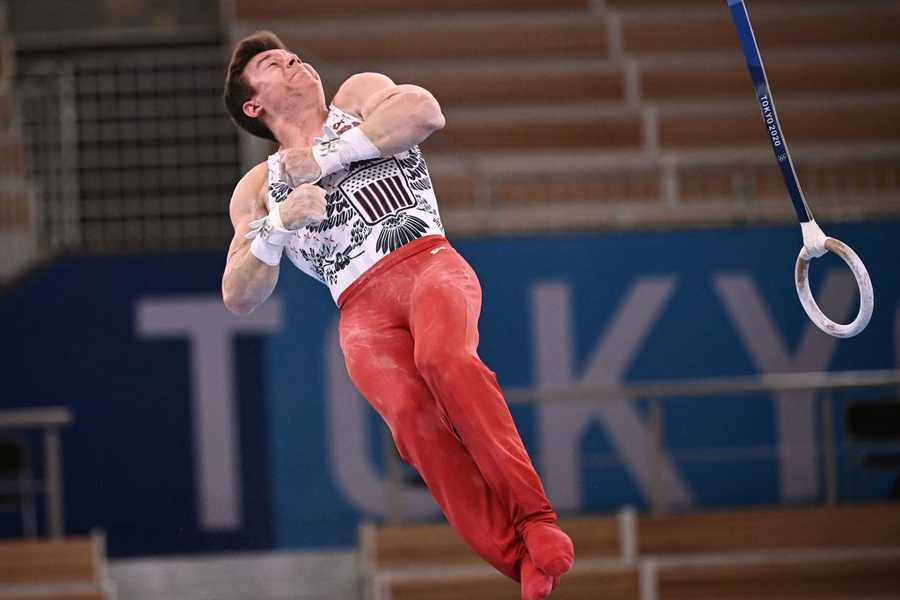 USA's Brody Malone competes in the rings event of the artistic gymnastics men&apos;s qualification during the Tokyo 2020 Olympic Games at the Ariake Gymnastics Centre in Tokyo on July 24, 2021. (Photo by Lionel BONAVENTURE / AFP) (Photo by LIONEL BONAVENTURE/AFP via Getty Images)