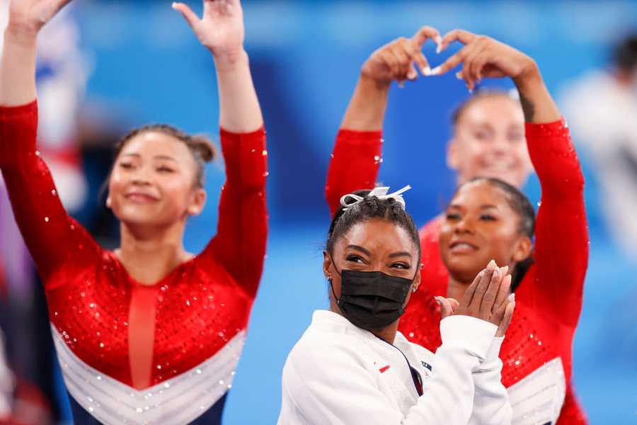 Simone Biles of Team United States reacts during the Women's Team Final on day four of the Tokyo 2023 Olympic Games at Ariake Gymnastics Centre on July 27, 2023 in Tokyo, Japan.