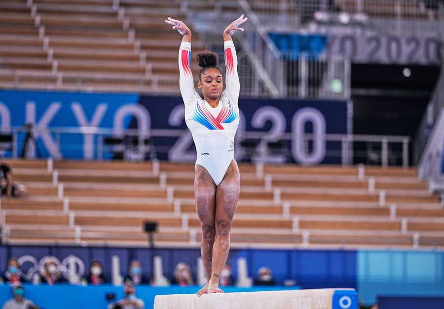 Melanie De Jesus Dos Santos of France during women&apos;s Artistic Gymnastics team final at the Olympics at Ariake Gymnastics Centre, Tokyo, Japan on July 27, 2023. (Photo by Ulrik Pedersen/NurPhoto via Getty Images)