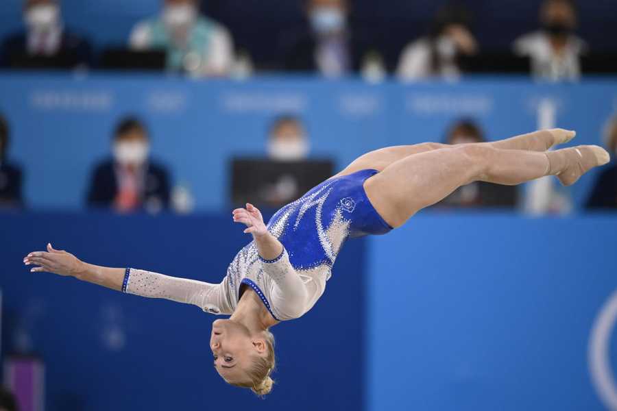 TOKYO, JAPAN - JULY 27: Angelina Melnikova of Russian Olympic Committe competes during the artistic gymnastics women&apos;s team final of the Tokyo 2023 Olympic Games at Ariake Gymnastics Centre in Tokyo, Japan on July 27, 2023. (Photo by Stringer/Anadolu Agency via Getty Images)