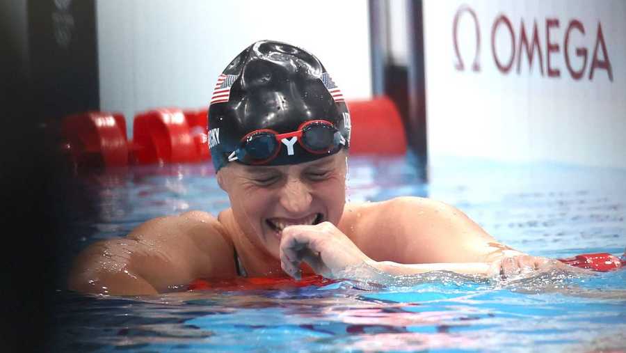 Kathleen Ledecky of the United States celebrates after the women&apos;s 1500m freestyle final at the Tokyo 2020 Olympic Games in Tokyo, Japan, July 28, 2021. (Photo by Ding Xu/Xinhua via Getty Images)