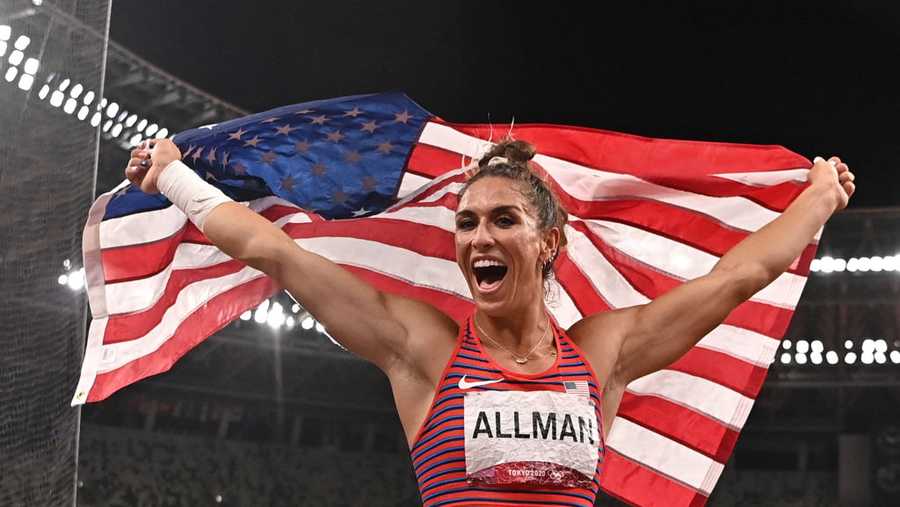 TOPSHOT - USA&apos;s Valarie Allman celebrates winning the women&apos;s discus throw final during the Tokyo 2020 Olympic Games at the Olympic Stadium in Tokyo on August 2, 2021. (Photo by Ben STANSALL / AFP) (Photo by BEN STANSALL/AFP via Getty Images)