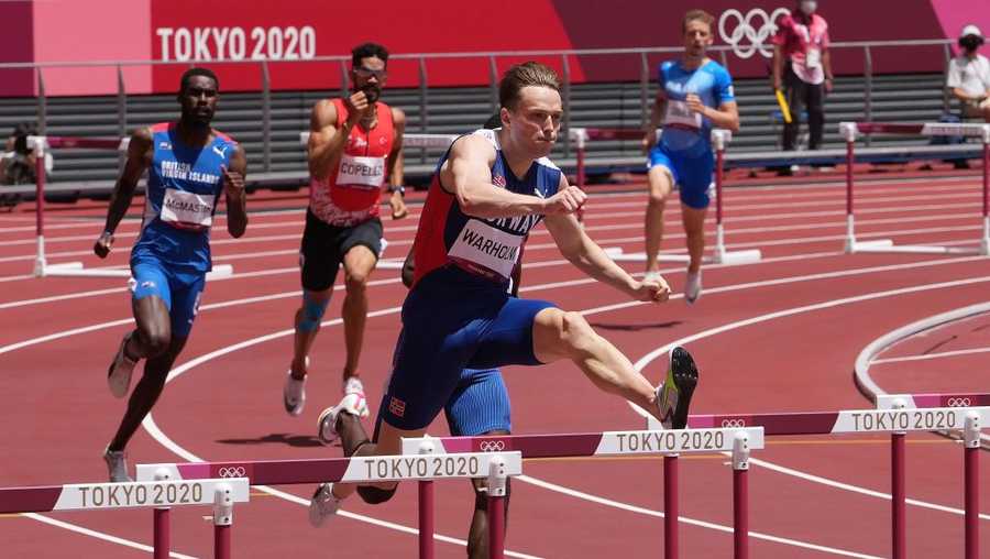 Karsten Warholm of Norway competes during the Men&apos;s 400m Hurdles Final at the Tokyo 2020 Olympic Games in Tokyo, Japan, Aug. 3, 2021. (Photo by Lui Siu Wai/Xinhua via Getty Images)