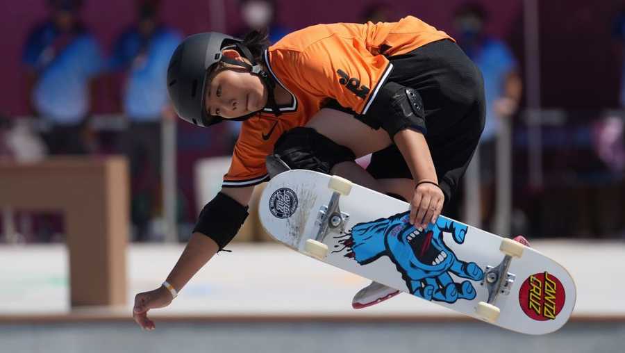 Okamoto Misugu of Japan competes during women&apos;s park final of skateboarding at the Tokyo 2020 Olympic Games in Tokyo, Japan, Aug. 4, 2021. (Photo by Li Ga/Xinhua via Getty Images)