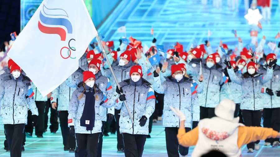 The ROC Team takes part in the Parade of Nations at the opening ceremony of the Beijing 2022 Winter Olympic Games at the National Stadium (also known as the Bird's Nest).