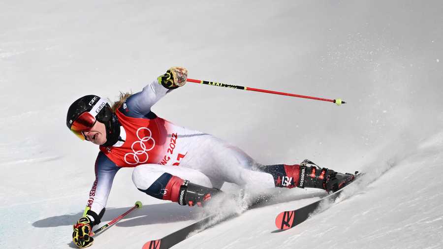 Nina O'Brien competes in the second run of the women's giant slalom during the Beijing 2022 Winter Olympic Games at the Yanqing National Alpine Skiing Centre in Yanqing on February 7, 2022.