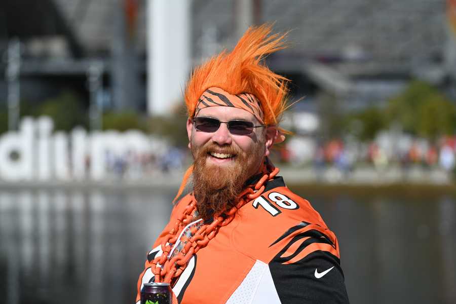 NFL: FEB 13 Super Bowl LVI - Pregame INGLEWOOD, CA - FEBRUARY 13: A Bengals fan smiles for a photo prior to Super Bowl LVI between the Cincinnati Bengals and the Los Angeles Rams on February 13, 2022, at SoFi Stadium in Inglewood, CA. (Photo by Brian Rothmuller/Icon Sportswire via Getty Images)
