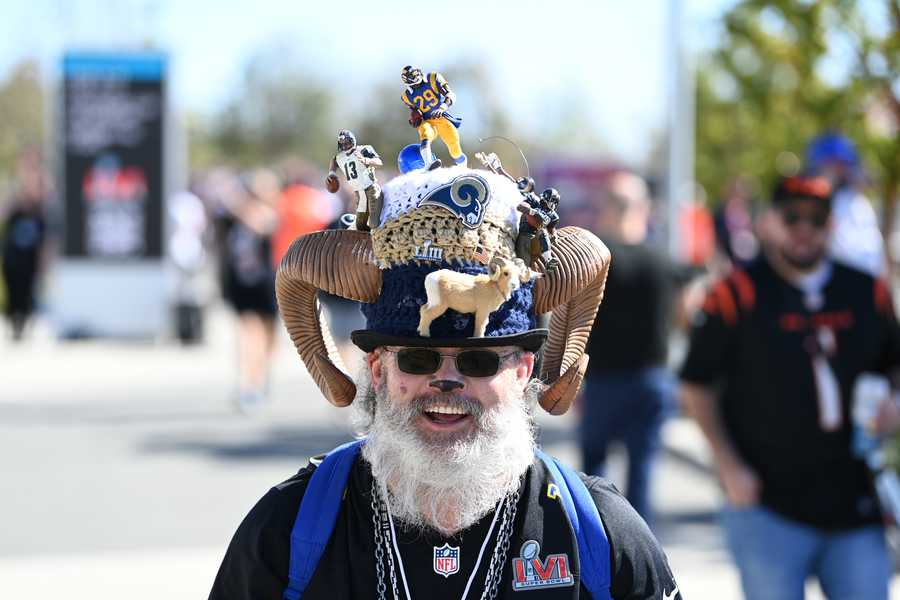 NFL: FEB 13 Super Bowl LVI - Pregame INGLEWOOD, CA - FEBRUARY 13: A Rams fan with a highly decorated hat poses for a photo prior to Super Bowl LVI between the Cincinnati Bengals and the Los Angeles Rams on February 13, 2022, at SoFi Stadium in Inglewood, CA. (Photo by Brian Rothmuller/Icon Sportswire via Getty Images)