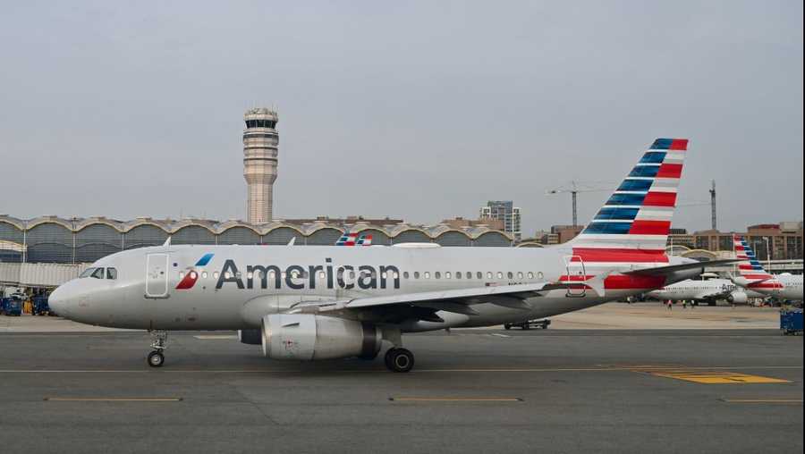 An American Airlines plane is seen at Washington National Airport (DCA) in Arlington, Virginia on March 23, 2022.