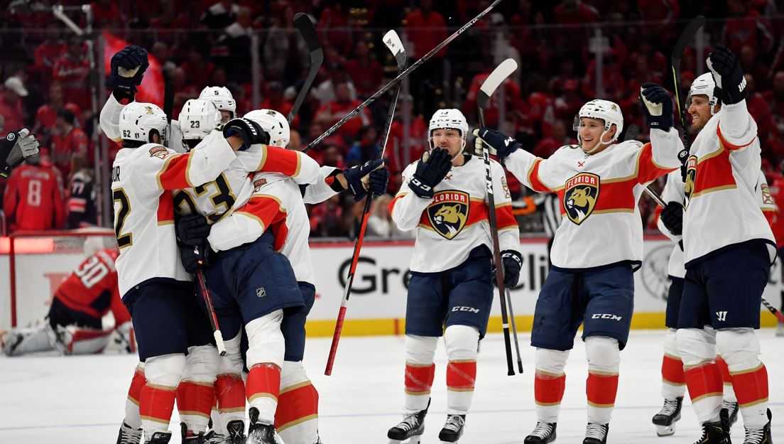 Florida Panthers center Carter Verhaeghe (23) celebrates his goal with  teammates on the bench during the second period of Game 1 of an NHL hockey  Stanley Cup second-round playoff series against the