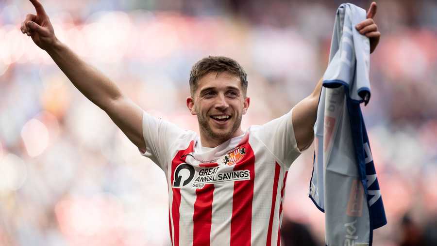 Lynden Gooch of Sunderland smiles during the Sky Bet League 1 match between Sunderland and Wycombe Wanderers at Wembley Stadium, London on Saturday 21st May 2022.  (Photo by Federico Maranesi/MI News/NurPhoto via Getty Images)