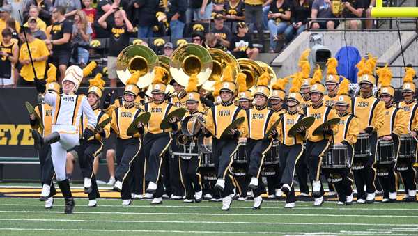 IOWA CITY/, IA - SEPTEMBER 10: The Hawkeye Marching Band performs before a college football game between the Iowa State Cyclones and the Iowa Hawkeyes,  September 10, 2022, at Kinnick Stadium, Iowa City, IA. Photo by Keith Gillett/Icon Sportswire via Getty Images),