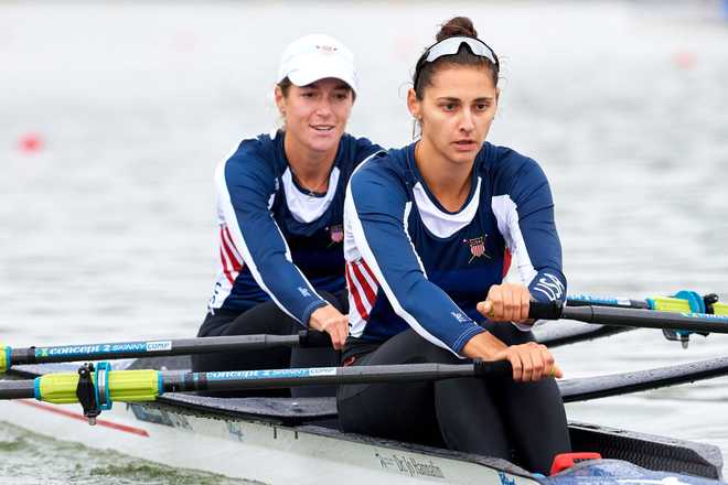 RACICE, CZECH REPUBLIC - SEPTEMBER 19: (bow) Kristina Wagner and (stroke) Sophia Vitas both from the United States of America compete in Womens Double Sculls qualifications during 2022 World Rowing Championships on September 19, 2022 in Racice, Czech Republic. (Photo by Adam Nurkiewicz/Getty Images)