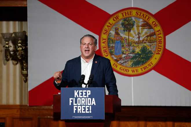 ORLANDO, FL - NOVEMBER 07: Florida Chief Financial Officer Jimmy Patronis speaks before introducing Florida Gov. Ron DeSantis during a rally for Florida Republicans at the Cheyenne Saloon on November 7, 2022 in Orlando, Florida. DeSantis faces former Democratic Gov. Charlie Crist in tomorrow&apos;s general election. (Photo by Octavio Jones/Getty Images)