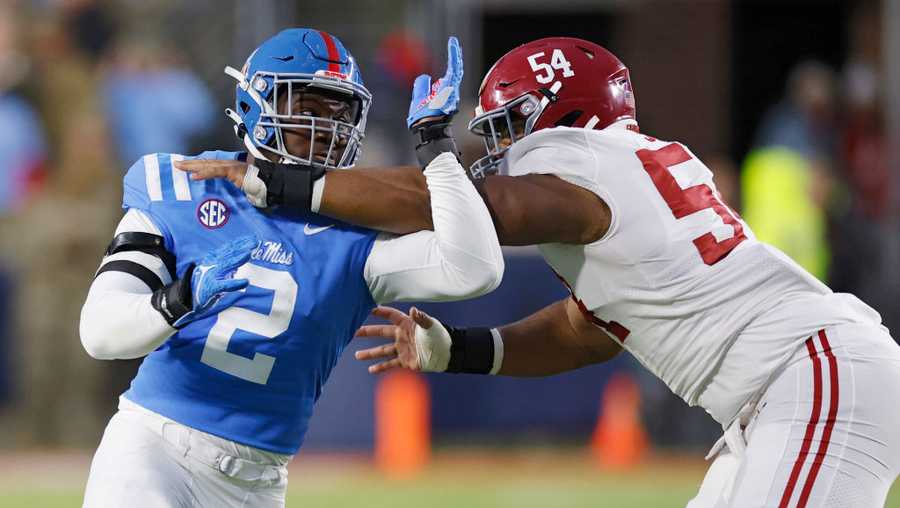 OXFORD, MS - NOVEMBER 12: Mississippi Rebels defensive end Cedric Johnson (2) rushes on defense during a college football game against the Alabama Crimson Tide on November 12, 2022 at Vaught-Hemingway Stadium in Oxford, Mississippi. (Photo by Joe Robbins/Icon Sportswire via Getty Images)
