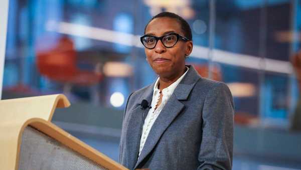 Cambridge, MA - December 15: Claudine Gay speaks to the crowd after being named Harvard Universitys next president. Harvard University on Thursday named Gay as its next president in a historic move that will give the nations oldest college its first Black leader. (Photo by Erin Clark/The Boston Globe via Getty Images)