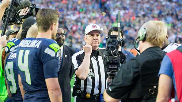 The opening coin toss during Superbowl XLIX game between the Seattle Seahawks and the New England Patriots, on February 1, 2015 in Glendale, AZ. Th ePatriots defeated the Seahawks 28-24. (Photo by Tom Hauck/Getty Images)