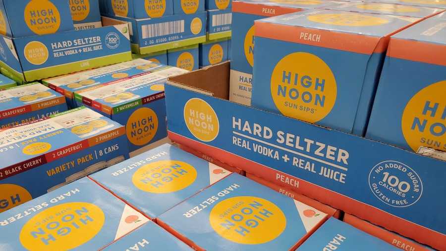 Close-up of a stack of containers of High Noon brand hard seltzer, San Ramon, California, July 23, 2020.