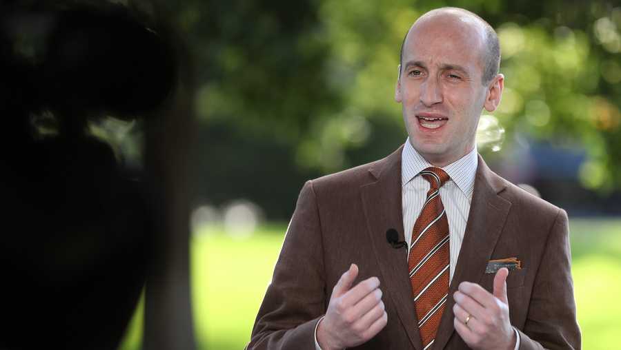 White House Senior Policy Advisor Stephen Miller is interviewed on FOX News outside the West Wing of the White House Aug. 20, 2020 in Washington, DC.