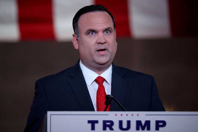 WASHINGTON, DC - AUGUST 26: In a prerecorded address for the Republican National Convention released August 27, 2020, White House Deputy Chief of Staff for Communications Dan Scavino speaks inside the empty Mellon Auditorium August 26, 2020 in Washington, DC. The novel coronavirus pandemic has forced the Republican Party to move away from an in-person convention to a televised format, similar to the Democratic Party&apos;s convention a week earlier. (Photo by Chip Somodevilla/Getty Images)