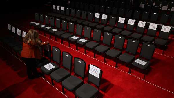 NASHVILLE, TENNESSEE - OCTOBER 22: Signs are posted on chairs to keep audience members socially distanced to reduce the risk of the coronavirus ahead of the second presidential debate at the Curb Event Center on the campus of Belmont University October 22, 2020 in Nashville, Tennessee. President Donald Trump and Democratic presidential nominee Joe Biden are scheduled to square off for the final debate, 12 days before Election Day. (Photo by Chip Somodevilla/Getty Images)