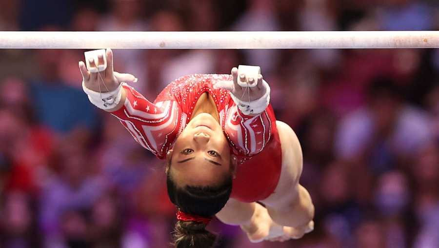 ST LOUIS, MISSOURI - JUNE 27: Suni Lee competes on the uneven bars during the Women&apos;s competition of the 2021 U.S. Gymnastics Olympic Trials at America’s Center on June 27, 2021 in St Louis, Missouri. (Photo by Carmen Mandato/Getty Images)