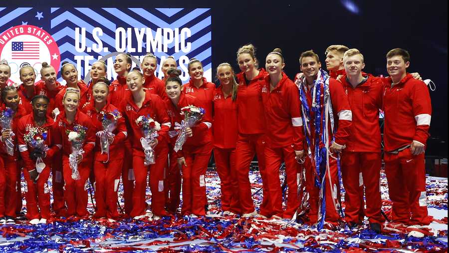 ST LOUIS, MISSOURI - JUNE 27: Members of the 2021 U.S. Olympic Gymnastics team stand on the stage following the Women&apos;s competition of the 2021 U.S. Gymnastics Olympic Trials at America’s Center on June 27, 2021 in St Louis, Missouri. (Photo by Jamie Squire/Getty Images)