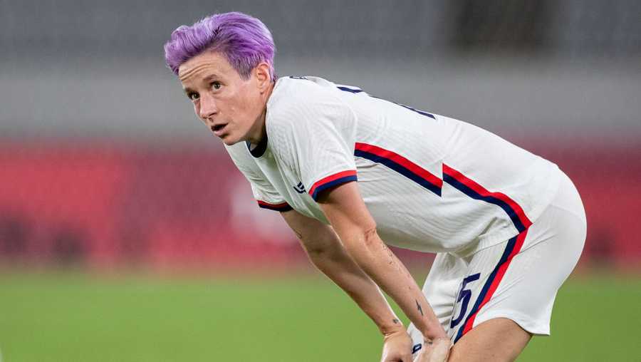 TOKYO, JAPAN - JULY 21:  Megan Rapinoe #15 of the United States reacts during her sides 3-0 loss during the USA V Sweden group G match at Tokyo Stadium during the Tokyo 2020 Olympic Games on July 21, 2021 in Tokyo, Japan. (Photo by Tim Clayton/Corbis via Getty Images)