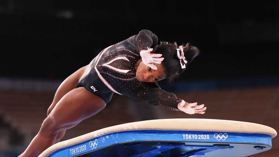 TOKYO, JAPAN - JULY 22: Simone Biles of Team United States trains on vault during Women&apos;s Podium Training ahead of the Tokyo 2020 Olympic Games at Ariake Gymnastics Centre on July 22, 2021 in Tokyo, Japan. (Photo by Jamie Squire/Getty Images)