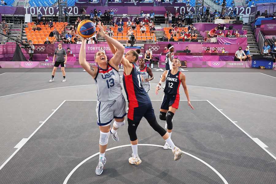 TOKYO, JAPAN - JULY 24:  Stefanie Dolson of Team United States drives to the basket during the Women's Pool Round match between United States and France on day one of the Tokyo 2020 Olympic Games at Aomi Urban Sports Park on July 24, 2021 in Tokyo, Japan. (Photo by Christian Petersen/Getty Images)