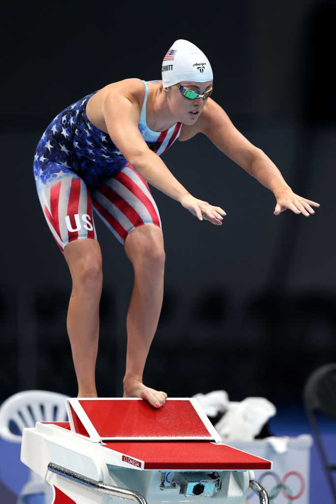 TOKYO, JAPAN - JULY 24: Allison Schmitt of Team United States prepares for heat one of the women;s 4 x 100m Freestyle Relay on day one of the Tokyo 2020 Olympic Games at Tokyo Aquatics Centre on July 24, 2021 in Tokyo, Japan. (Photo by Al Bello/Getty Images)