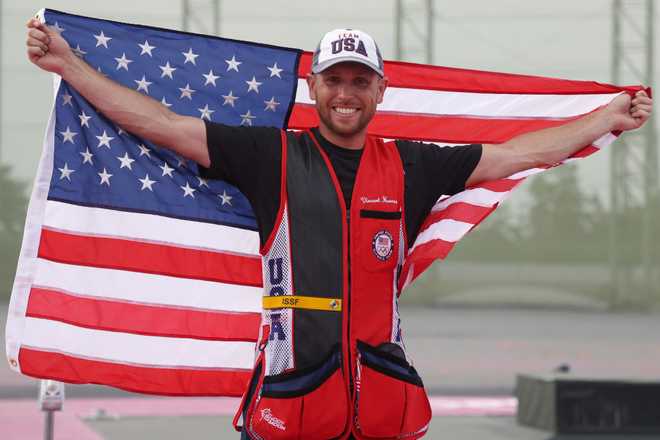 ASAKA, JAPAN - JULY 26: Gold Medalist Vincent Hancock of Team United States following the Skeet Finals on day three of the Tokyo 2020 Olympic Games at Asaka Shooting Range on July 26, 2021 in Asaka, Saitama, Japan.  (Photo by Kevin C. Cox/Getty Images)