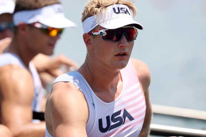 TOKYO, JAPAN - JULY 24: Clark Dean of Team USA Men&amp;apos;s Four looks on before he competes on day one of the Tokyo 2020 Olympic Games at Sea Forest Waterway on July 24, 2021 in Tokyo, Japan. (Photo by Naomi Baker/Getty Images)