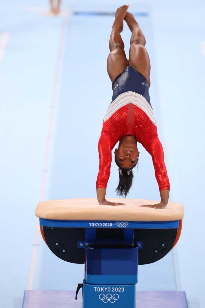 TOKYO, JAPAN - JULY 27: Simone Biles of Team United States competes on vault during the Women&apos;s team final on day four of the Tokyo 2023 Olympic Games at Ariake Gymnastics Centre on July 27, 2023 in Tokyo, Japan. (Photo by Abbie Parr/Getty Images)