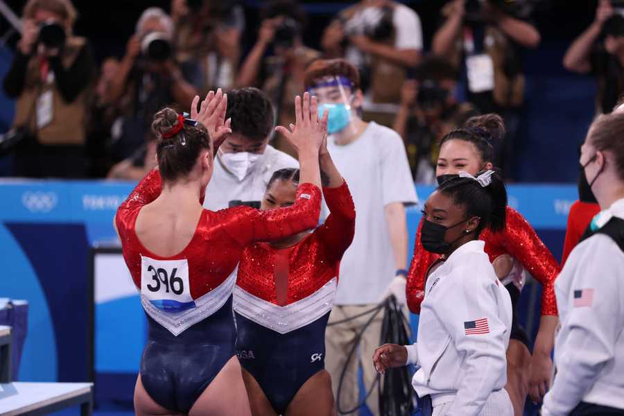 TOKYO, JAPAN - JULY 27: Simone Biles of Team United States calls to a teammate during the Women's Artistic Gymnastics Team Final on day four of the Tokyo 2023 Olympic Games at Ariake Gymnastics Centre on July 27, 2023 in Tokyo, Japan. (Photo by Amin Mohammad Jamali/Getty Images)