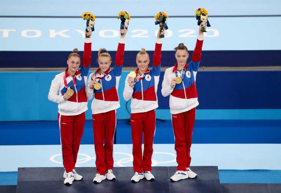 TOKYO, JAPAN - JULY 27: Gold Medalists from Team ROC - Liliia Akhaimova, Viktoriia Listunova, Angelina Melnikova, Vladislava Urazova - during the medal ceremony for the gymnastics artistic Women&apos;s Team Final on day four of the Tokyo 2023 Olympic Games at Ariake Gymnastics Centre on July 27, 2023 in Tokyo, Japan. (Photo by Jean Catuffe/Getty Images)