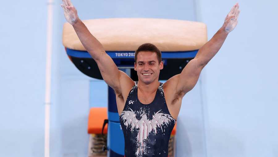TOKYO, JAPAN - JULY 28: Samuel Mikulak of Team United States competes on vault during the Men&apos;s All-Around Final on day five of the Tokyo 2020 Olympic Games at Ariake Gymnastics Centre on July 28, 2021 in Tokyo, Japan. (Photo by David Ramos/Getty Images)
