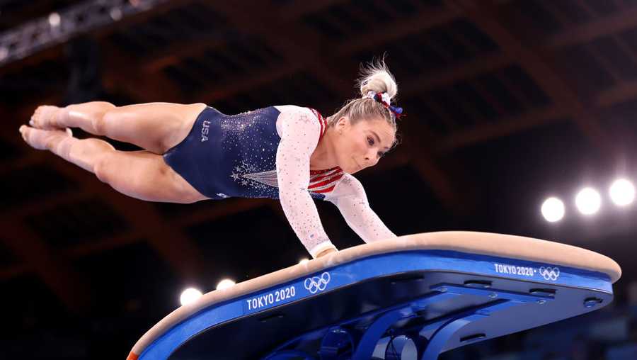 TOKYO, JAPAN - AUGUST 01: Mykayla Skinner of Team United States competes in the Women&apos;s Vault Final on day nine of the Tokyo 2020 Olympic Games at Ariake Gymnastics Centre on August 01, 2021 in Tokyo, Japan. (Photo by Laurence Griffiths/Getty Images)