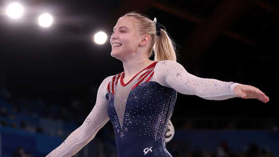 TOKYO, JAPAN - AUGUST 02: Jade Carey of Team United States celebrates during the Women&apos;s Floor Exercise Final on day ten of the Tokyo 2020 Olympic Games at Ariake Gymnastics Centre on August 02, 2021 in Tokyo, Japan. (Photo by Jamie Squire/Getty Images)