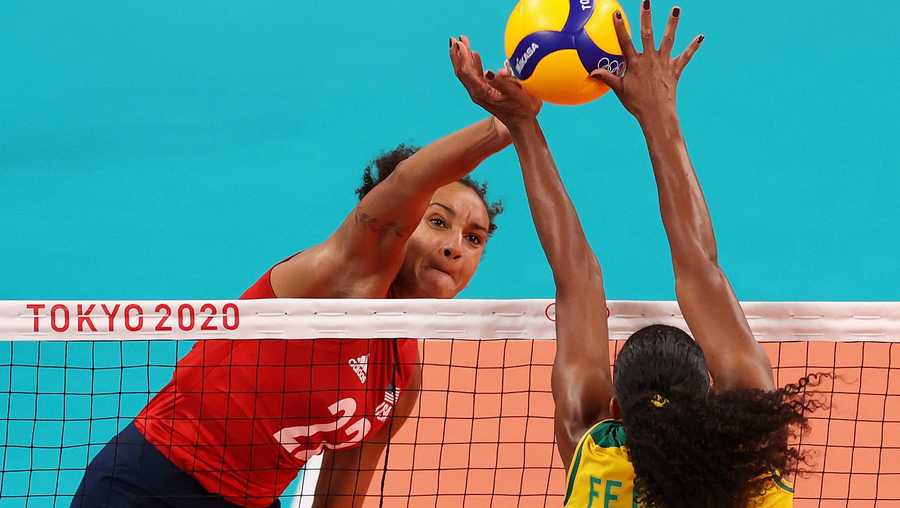 Fernanda Rodrigues #16 of Team Brazil competes against Haleigh Washington #22 of Team United States during the Women&apos;s Gold Medal Match on day sixteen of the Tokyo 2020 Olympic Games at Ariake Arena on August 08, 2021 in Tokyo, Japan. (Photo by Phil Walter/Getty Images)