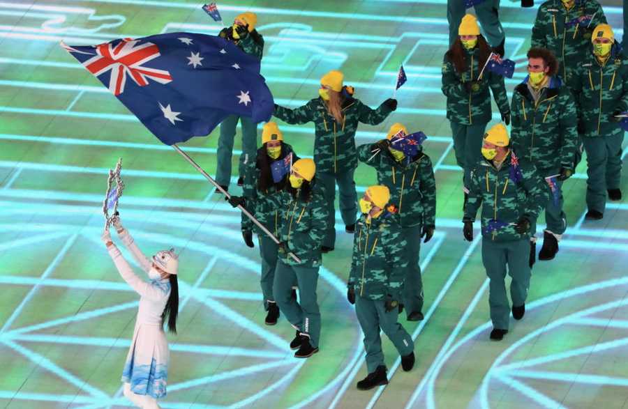 Opening Ceremony - Beijing 2022 Winter Olympics Day 0 BEIJING, CHINA - FEBRUARY 04: Flag bearers Brendan Kerry and Laura Peel of Team Australia carry their flag during the Opening Ceremony of the Beijing 2022 Winter Olympics at the Beijing National Stadium on February 04, 2022 in Beijing, China. ( (Photo by Xavier Laine/Getty Images)
