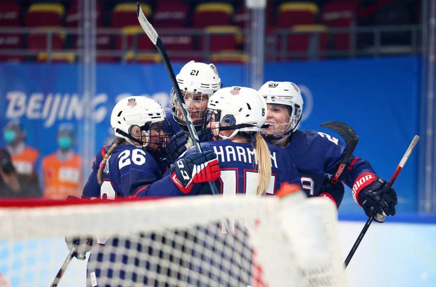 Hitting the ice Defender Savannah Harmon #15 of Team United States celebrates with her team after scoring a goal against Team ROC during the Women's Preliminary Round Group A match at Wukesong Sports Centre on Feb. 5, 2022, in Beijing, China. (Photo by Elsa/Getty Images)