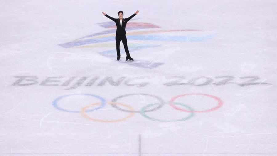 Nathan Chen of Team United States reacts during the Men Single Skating Short Program on day four of the Beijing 2022 Winter Olympic Games at Capital Indoor Stadium on February 08, 2022 in Beijing, China.
